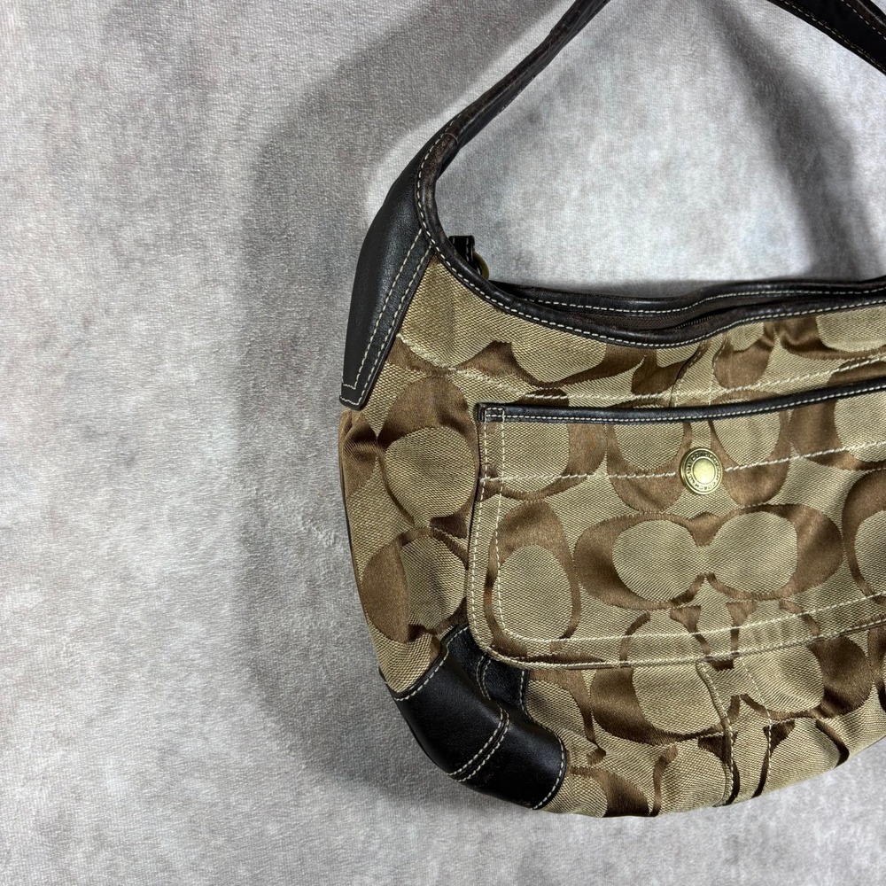 Coach Shoulder Bag Women Medium Brown Signature Canvas Hobo Leather Trim Vintage - Picture 3 of 16